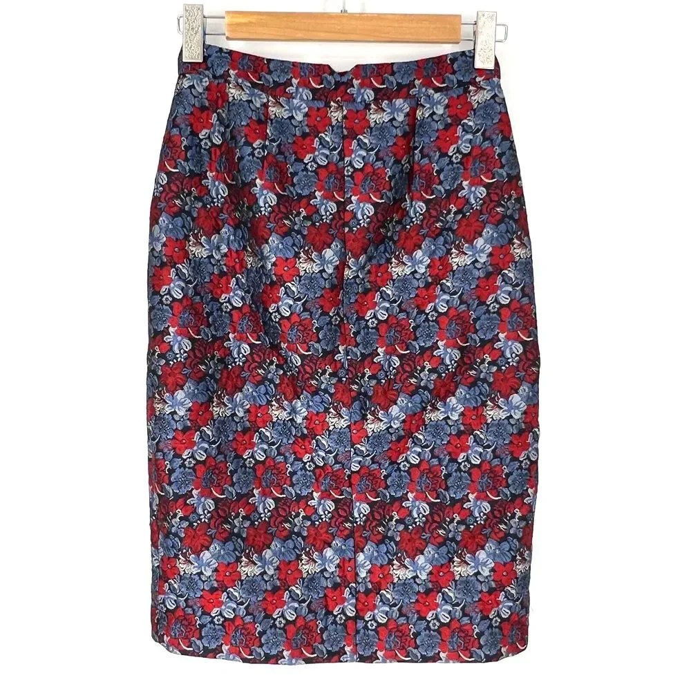 BCBGMAXAZRIA Liya Jacquard Pencil‎ Skirt Size XXS Floral Knee Length Front Slit